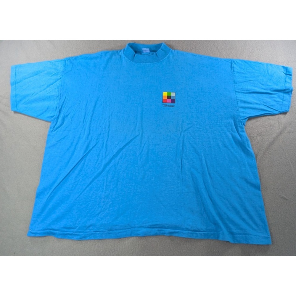 Breezin Mens Vintage 90s Single Stitch Graphic T-Shirt‎ Size Big Blue Mock Neck